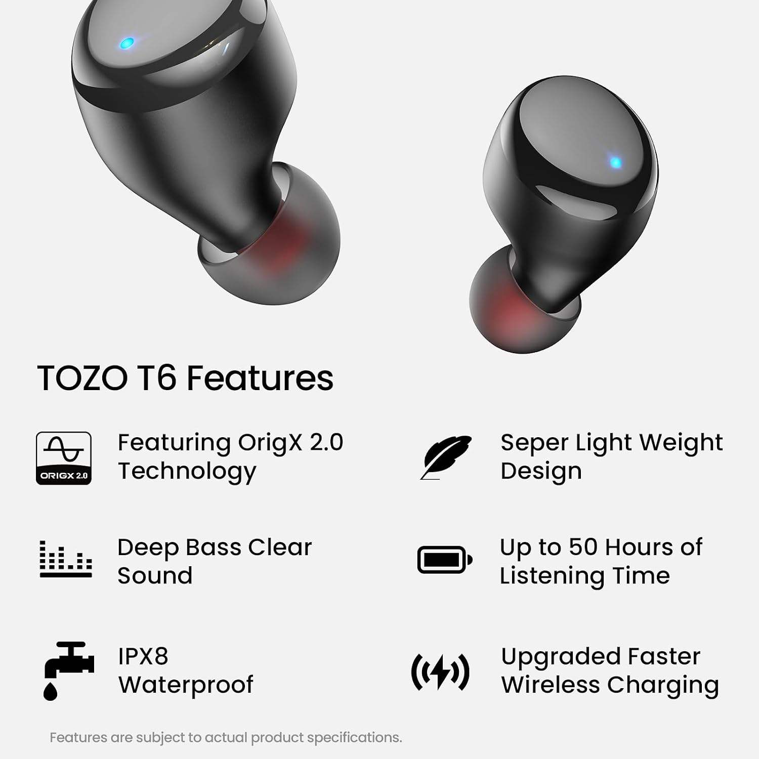 TOZO T6 Wireless Earbuds Bluetooth 5.3 Stereo Sound in Ear Headphones | OrigX Stereo Deep Bass, 50H Playtime, Lighter Ear buds, IPX8 Waterproof, wireless Charging Case, 32 EQs via APP Dark Black - Image 2