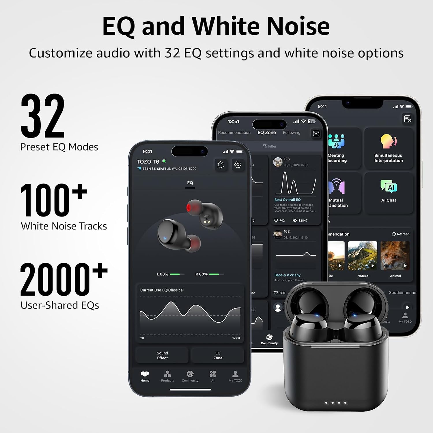 TOZO T6 Wireless Earbuds Bluetooth 5.3 Stereo Sound in Ear Headphones | OrigX Stereo Deep Bass, 50H Playtime, Lighter Ear buds, IPX8 Waterproof, wireless Charging Case, 32 EQs via APP Dark Black - Image 7