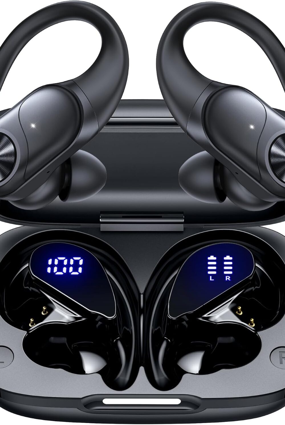 PocBuds Bluetooth Headphones Wireless Earbuds 80hrs Playtime Wireless Charging Case Digital Display Sports Ear Buds with Earhook Deep Bass IPX7 Waterproof Over-Ear Earphones for TV Phone Laptop Black