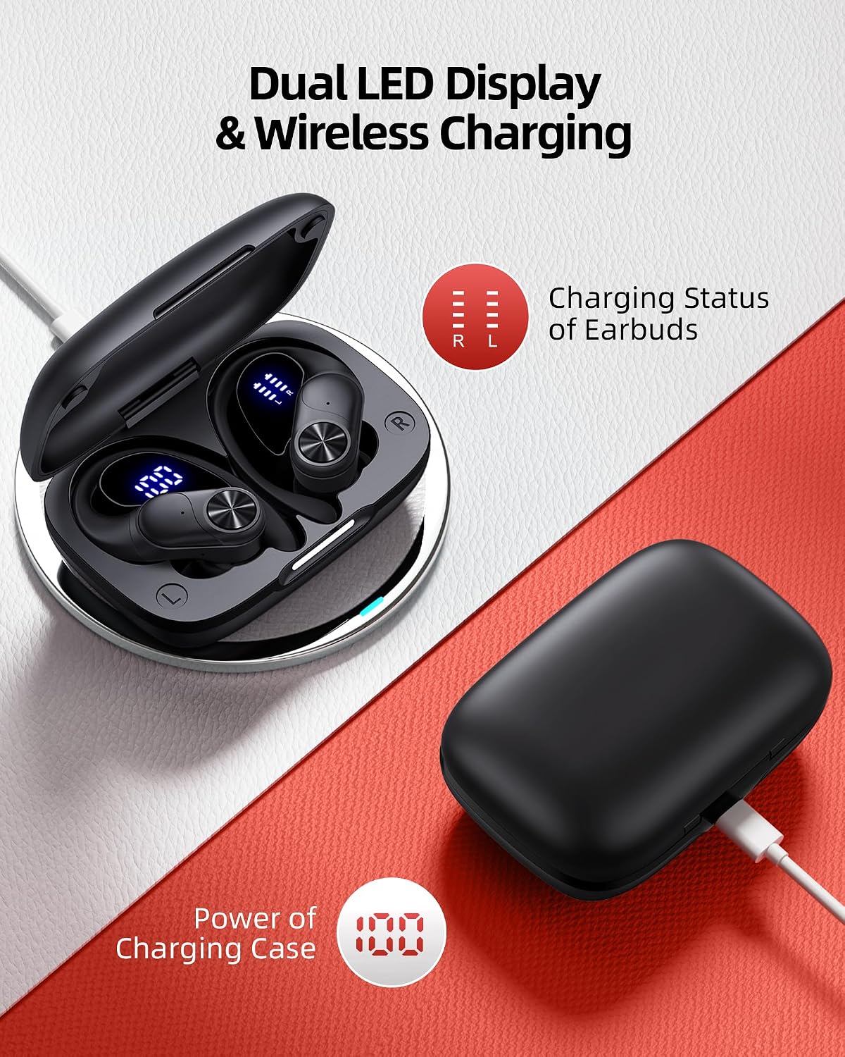 PocBuds Bluetooth Headphones Wireless Earbuds 80hrs Playtime Wireless Charging Case Digital Display Sports Ear Buds with Earhook Deep Bass IPX7 Waterproof Over-Ear Earphones for TV Phone Laptop Black - Image 3