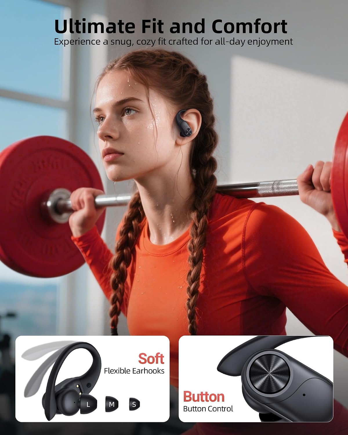 PocBuds Bluetooth Headphones Wireless Earbuds 80hrs Playtime Wireless Charging Case Digital Display Sports Ear Buds with Earhook Deep Bass IPX7 Waterproof Over-Ear Earphones for TV Phone Laptop Black - Image 6