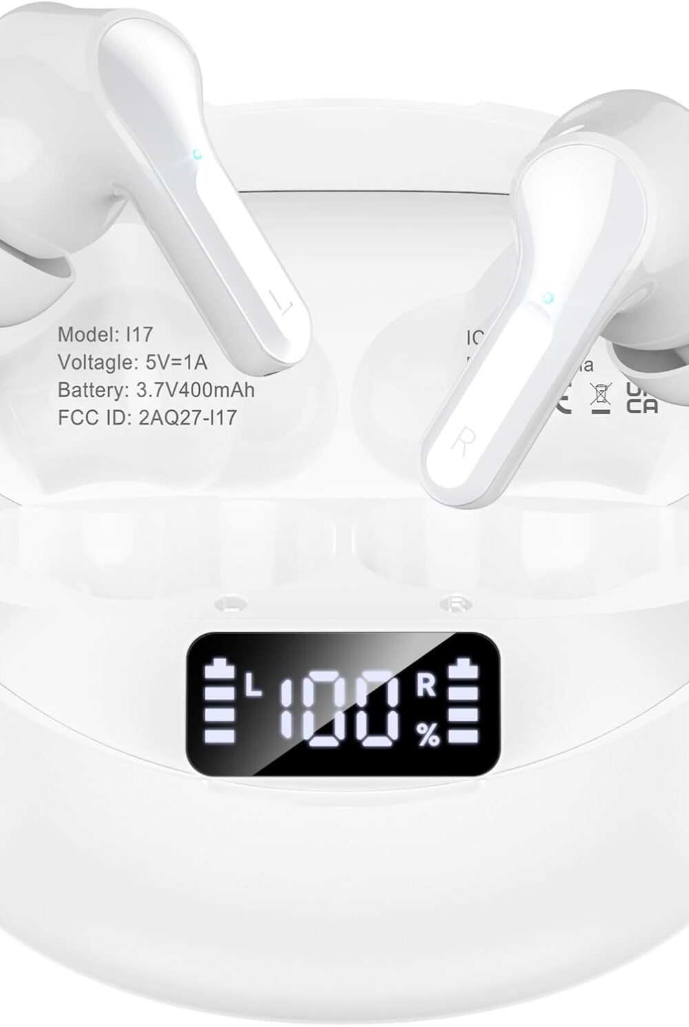 Wireless Earbuds, Bluetooth 5.4 Headphones HIFI Stereo/Crystal clear, White | Noise Cancelling Mic Ear buds with 50H Playback, LED Digital Display, IPX7 Waterproof Earphones for Office/Running/Workout
