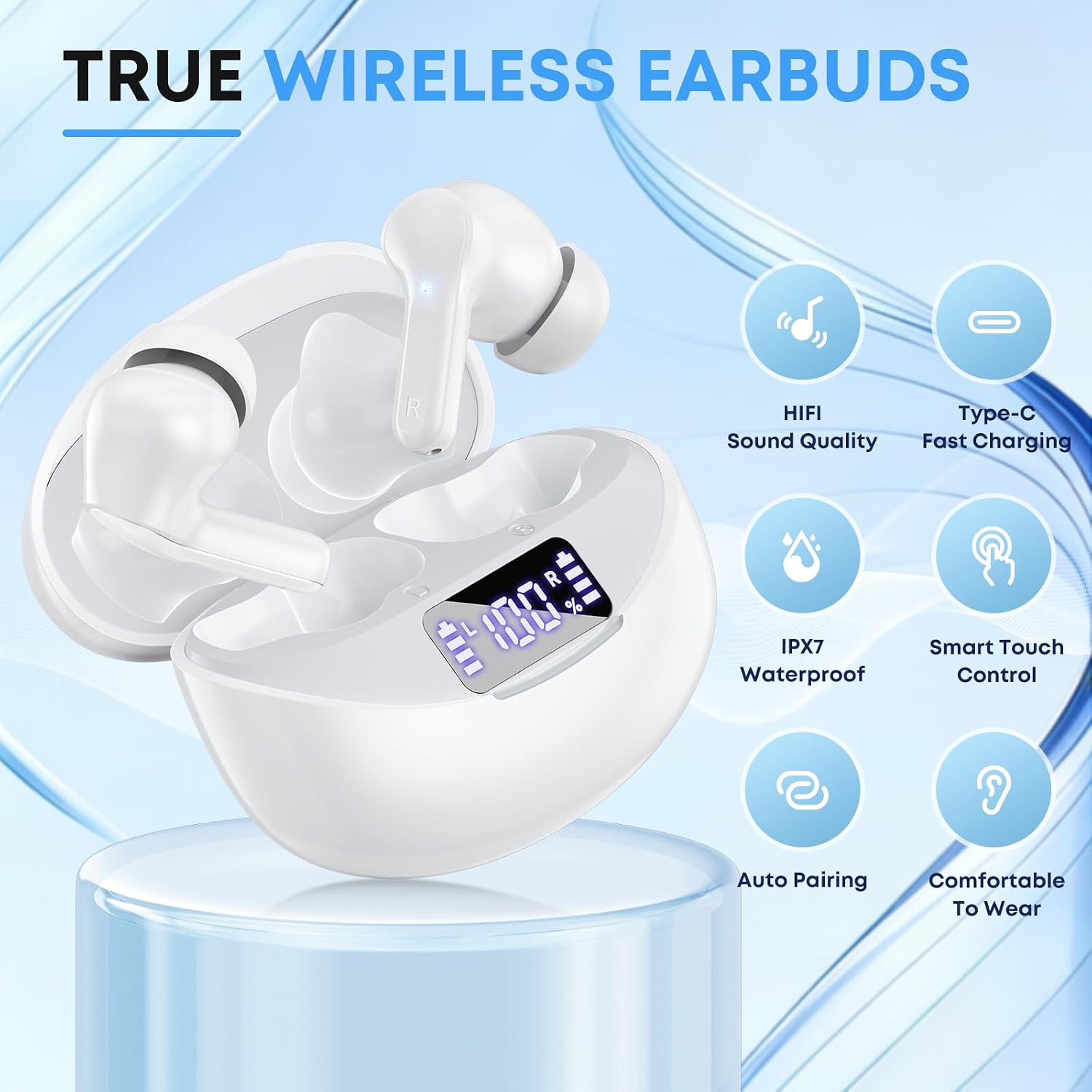 Wireless Earbuds, Bluetooth 5.4 Headphones HIFI Stereo/Crystal clear, White | Noise Cancelling Mic Ear buds with 50H Playback, LED Digital Display, IPX7 Waterproof Earphones for Office/Running/Workout - Image 2