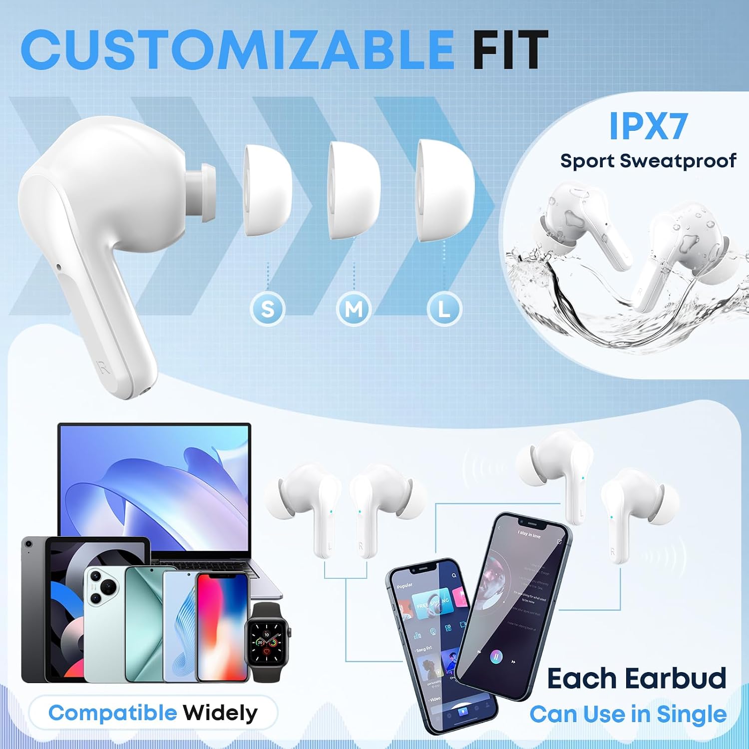 Wireless Earbuds, Bluetooth 5.4 Headphones HIFI Stereo/Crystal clear, White | Noise Cancelling Mic Ear buds with 50H Playback, LED Digital Display, IPX7 Waterproof Earphones for Office/Running/Workout - Image 4