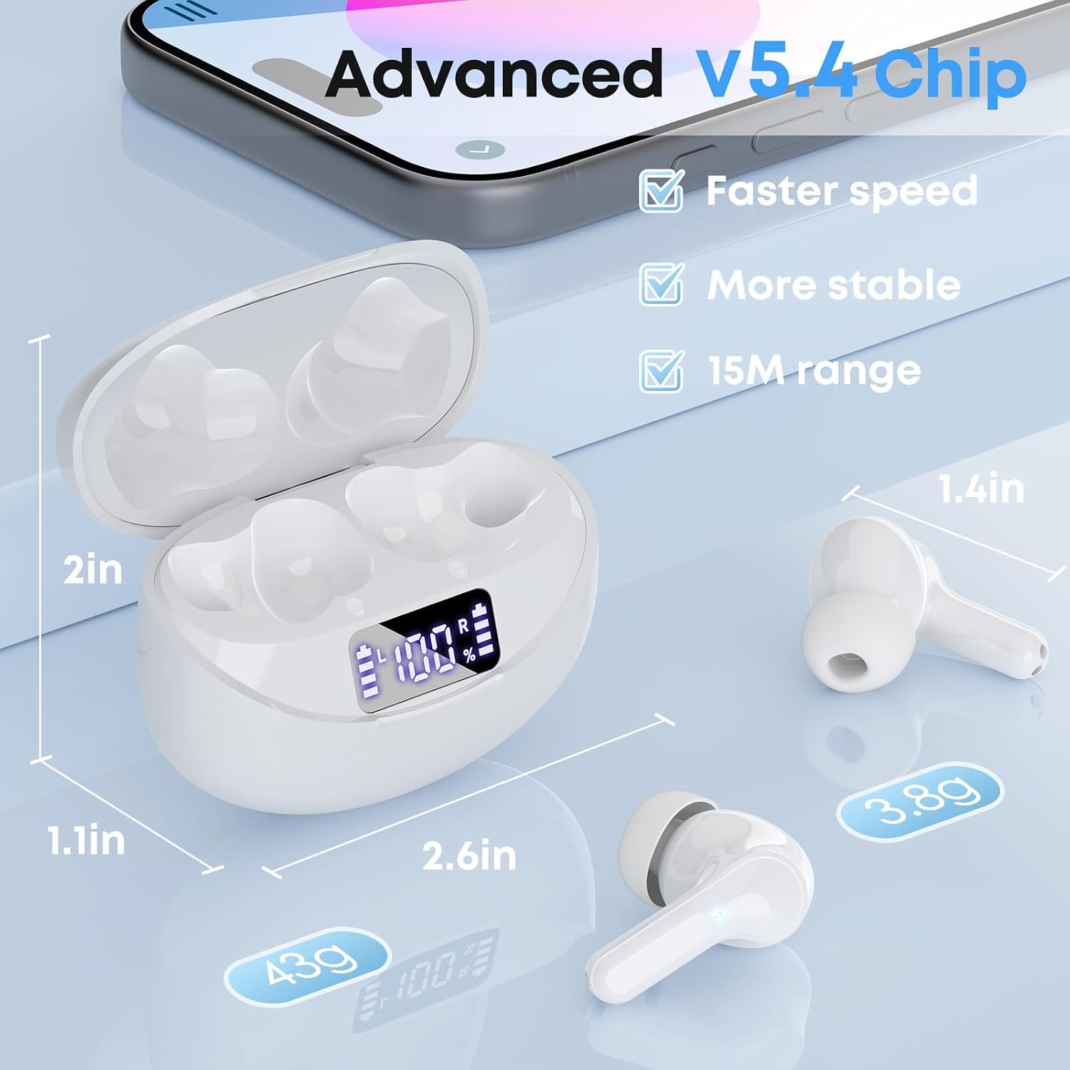 Wireless Earbuds, Bluetooth 5.4 Headphones HIFI Stereo/Crystal clear, White | Noise Cancelling Mic Ear buds with 50H Playback, LED Digital Display, IPX7 Waterproof Earphones for Office/Running/Workout - Image 7