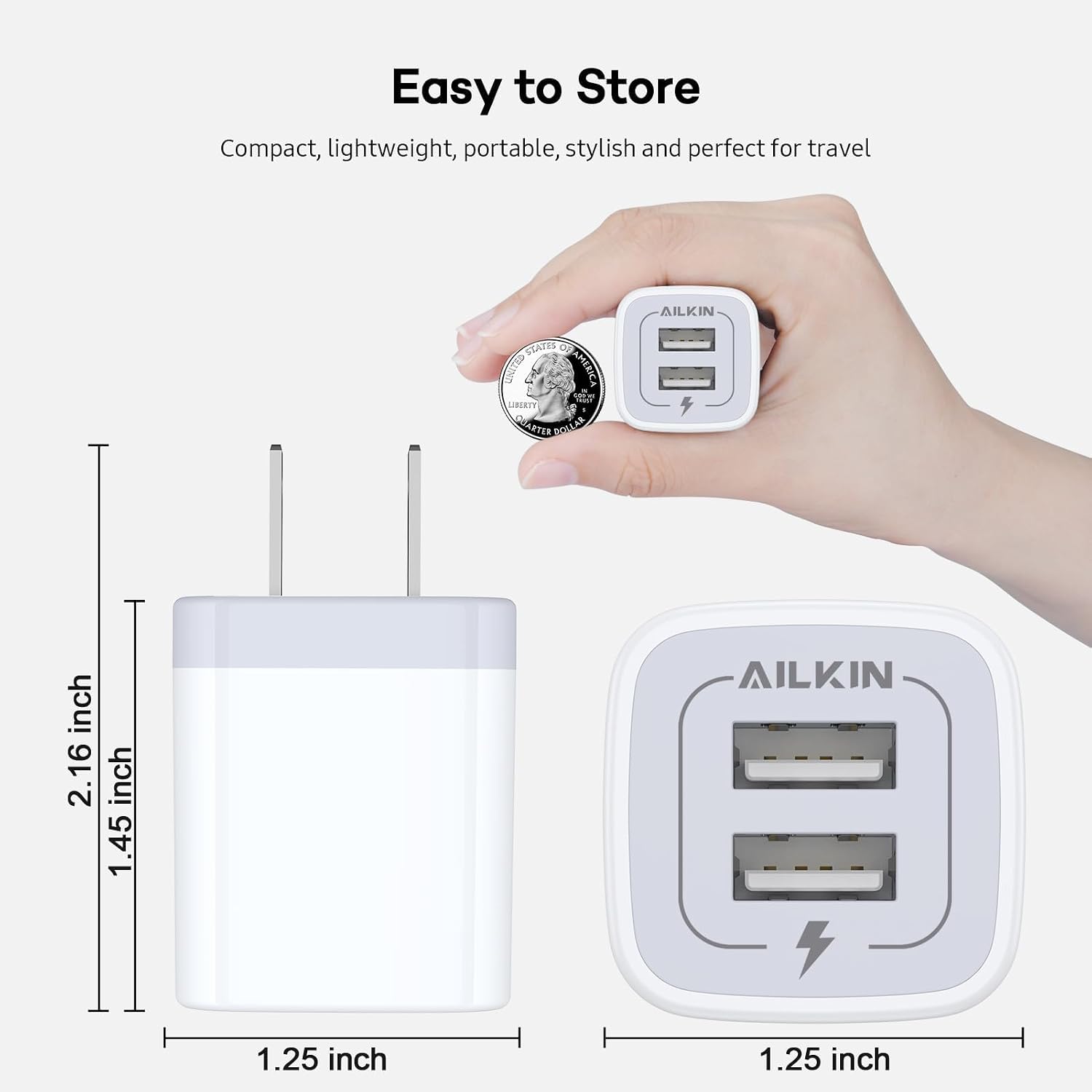 USB Wall Charger, Charger Adapter AILKIN 2Pack 2.1A Dual Port Quick Plug - Image 5